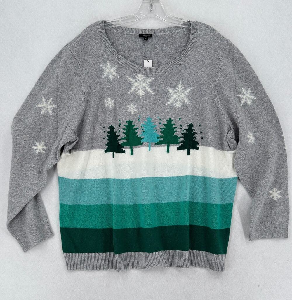 Talbots Gray Trees & Stripes Christmas Holiday Crew Neck Pullover Sz 2X NEW